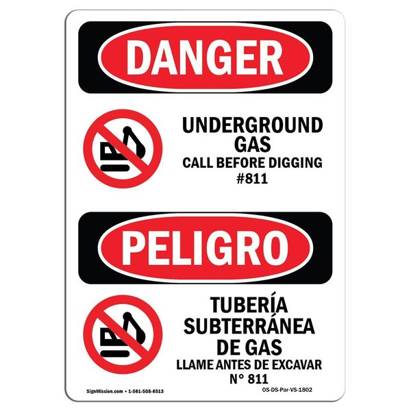 Signmission OSHA Sign, 14" Height Underground Gas Call #811 Bilingual Spanish, DS-D-1014-VS-1802 OS-DS-D-1014-VS-1802